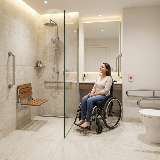 Ein modernes, barrierefreies Badezimmer mit einer ebenerdigen Dusche, Haltegriffen und einem Duschsitz. Helle Fliesen, sauberes und sicheres Ambiente, das Selbstständigkeit im Alter ermöglicht.