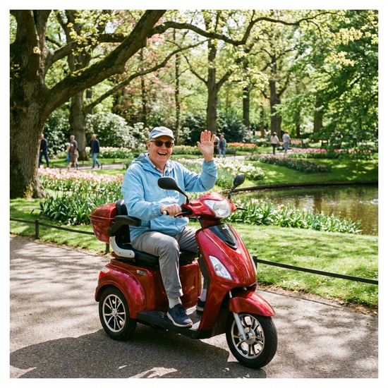 Ein rüstiger Senior fährt an einem sonnigen Tag mit einem modernen Elektromobil durch einen grünen Park. Er trägt eine leichte Jacke und genießt sichtlich die Fahrt an der frischen Luft.