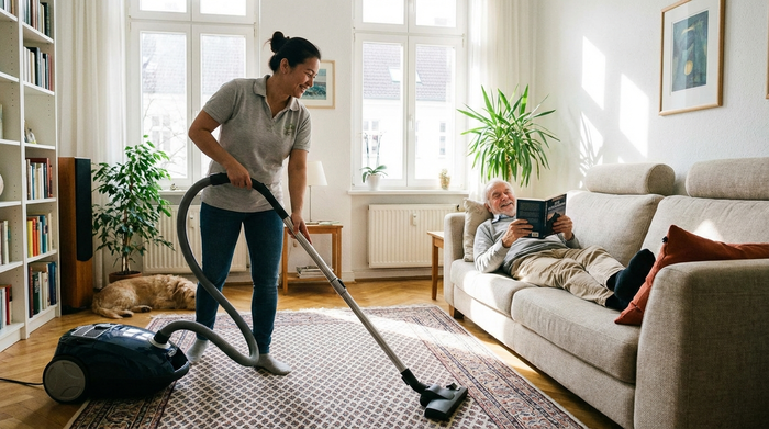Eine engagierte Haushaltshilfe saugt den Teppich in einem hellen, aufgeräumten Wohnzimmer, während ein älterer Herr entspannt auf dem Sofa ein Buch liest.