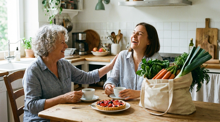 Zwei Frauen verschiedenen Alters sitzen lachend bei Kaffee und Kuchen an einem Küchentisch. Die jüngere Frau hat eine Einkaufstasche mit frischem Gemüse neben sich stehen.