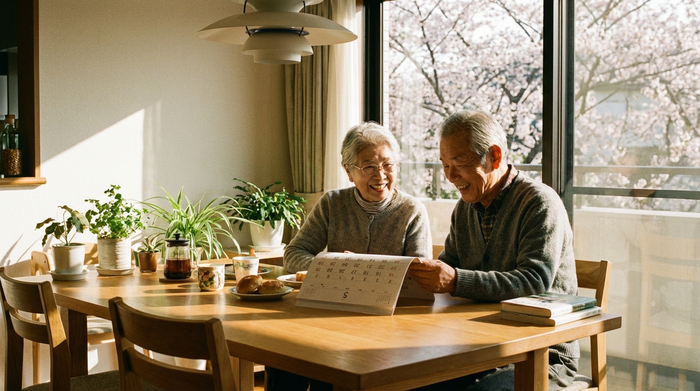 Ein älteres Ehepaar sitzt gemeinsam am Esstisch und betrachtet zufrieden einen Kalender. Durch das Fenster scheint die Frühlingssonne herein und beleuchtet den Raum.