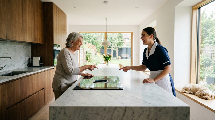 Eine ältere Dame zeigt einer jungen, freundlichen Reinigungskraft lächelnd ihre moderne Küche. Beide wirken entspannt und vertraut miteinander in einer sauberen Umgebung.