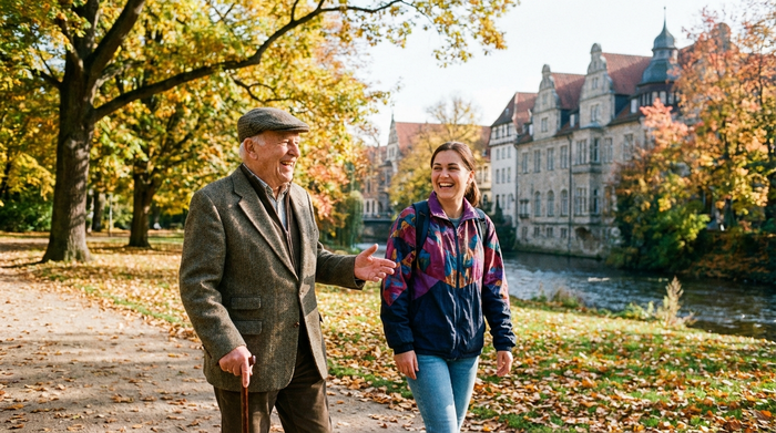 Ein älterer Herr und eine jüngere Betreuungskraft spazieren entspannt durch einen grünen Park in Braunschweig an einem sonnigen Herbsttag. Beide lächeln und unterhalten sich angeregt. Realistische Fotografie, natürliche Farben, keine Texte.