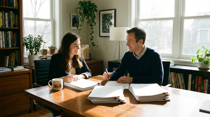 Zwei Personen sitzen an einem Schreibtisch und gehen gemeinsam unbeschriftete Dokumente durch. Eine Tasse Tee steht neben den sauberen Papierstapeln. Helles, freundliches Arbeitszimmer, professionelle Atmosphäre, realistische Darstellung.