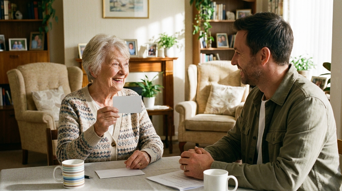 Eine ältere Frau hält glücklich eine unbeschriftete Karte in der Hand, während sie mit einem Berater am Tisch sitzt. Im Hintergrund ist ein helles Wohnzimmer mit gemütlichen Möbeln zu sehen. Positive, erleichterte Stimmung.