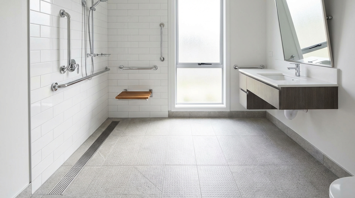 Ein modernes, helles, barrierefreies Badezimmer mit einer bodengleichen Dusche, Haltegriffen an den Wänden und rutschfesten Fliesen. Sauberes, sicheres Design, realistische Beleuchtung, ohne Text.