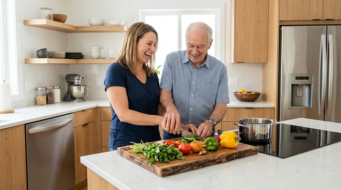 Eine fürsorgliche Pflegekraft hilft einem älteren Herrn beim gemeinsamen Kochen in einer sauberen, modernen Küche. Frisches Gemüse liegt auf dem Holzbrett, beide lachen entspannt miteinander.
