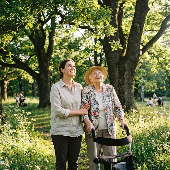 Eine Betreuerin und eine Seniorin spazieren an einem sonnigen Tag gemütlich durch einen grünen Park mit alten Bäumen. Die Seniorin stützt sich leicht auf einen Rollator, beide genießen die Natur.