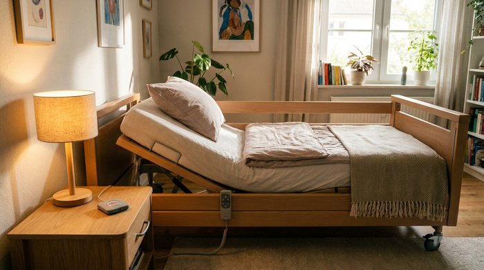 Ein modernes, bequemes Pflegebett in einem wohnlichen Schlafzimmer. Ein unauffälliger Hausnotruf-Knopf liegt griffbereit auf dem Nachttisch neben einer kleinen Leselampe.