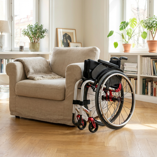 Ein moderner, zusammenklappbarer Leichtgewichtsrollstuhl steht in einem hellen Wohnzimmer mit Parkettboden neben einem gemütlichen Sessel.