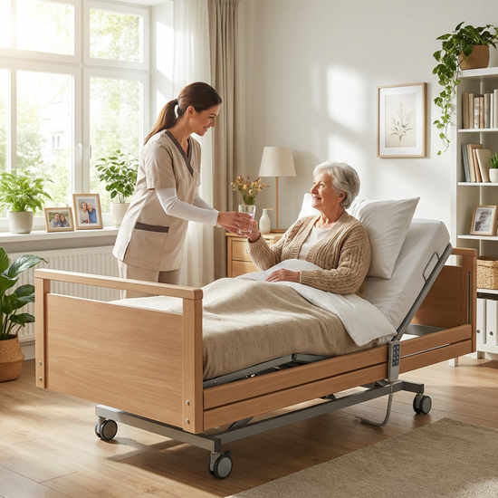 Eine Pflegekraft reicht einer älteren Dame, die bequem in einem höhenverstellbaren Pflegebett sitzt, ein Glas Wasser in einem hellen, wohnlichen Zimmer.