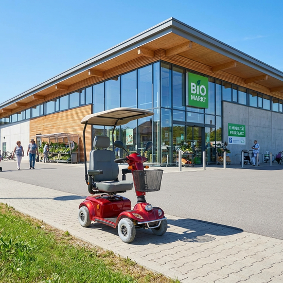 Ein rotes Elektromobil für Senioren steht geparkt auf einem gepflasterten Weg vor einem modernen Supermarkt an einem sonnigen Tag.