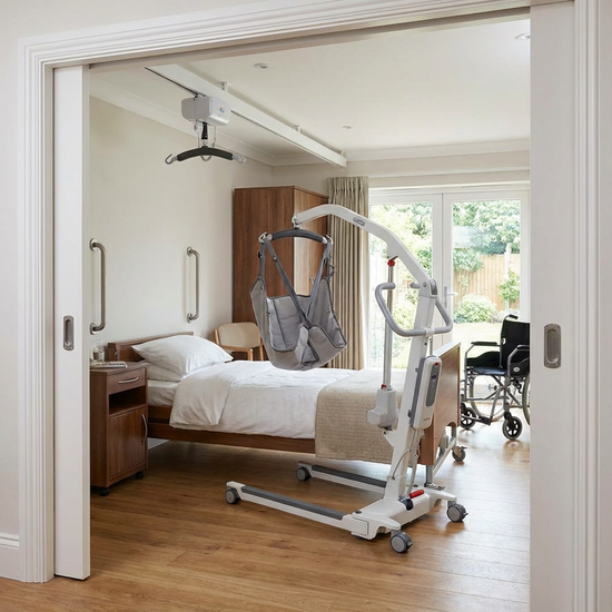 Ein elektrischer Patientenlifter steht einsatzbereit neben einem Bett in einem aufgeräumten, barrierefreien Schlafzimmer.