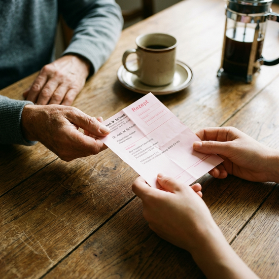 Nahaufnahme von Händen, die sorgfältig ein ärztliches Rezept über einen Holztisch reichen. Im Hintergrund steht unscharf eine Kaffeetasse.