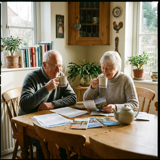 Ein älteres Ehepaar sitzt am Esstisch und bespricht entspannt Unterlagen und Broschüren bei einer Tasse Tee.