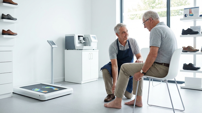 Ein erfahrener Orthopädieschuhtechniker in einem hellen, modernen Sanitätshaus untersucht behutsam die Füße eines älteren Herrn. Der Raum ist sauber, aufgeräumt und professionell eingerichtet.
