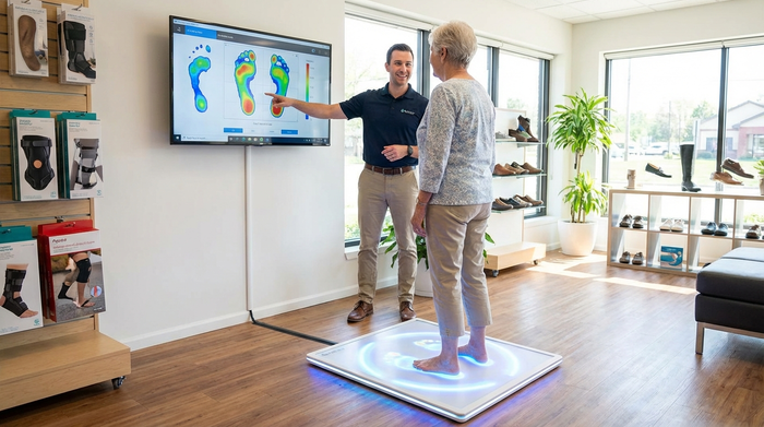 Eine ältere Dame steht barfuß auf einer modernen, sanft leuchtenden digitalen Messplatte in einem freundlichen Sanitätshaus. Ein Berater steht lächelnd daneben und betrachtet die Ergebnisse auf einem Monitor.