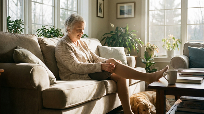 Eine rüstige Seniorin sitzt bequem auf einem Sofa in ihrem lichtdurchfluteten Wohnzimmer und richtet entspannt ihren hautfarbenen medizinischen Kompressionsstrumpf am Bein. Sie wirkt zufrieden und schmerzfrei.