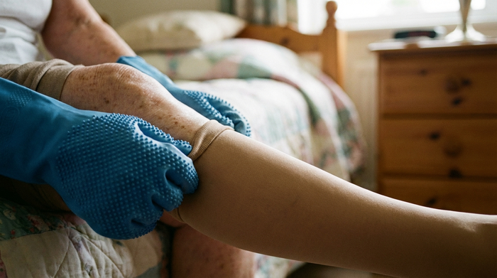 Nahaufnahme der Hände einer älteren Person, die spezielle, genoppte Gummihandschuhe trägt, um einen hochwertigen Kompressionsstrumpf sanft über das Bein zu streichen. Der Hintergrund zeigt ein gemütliches, unscharfes Schlafzimmer.