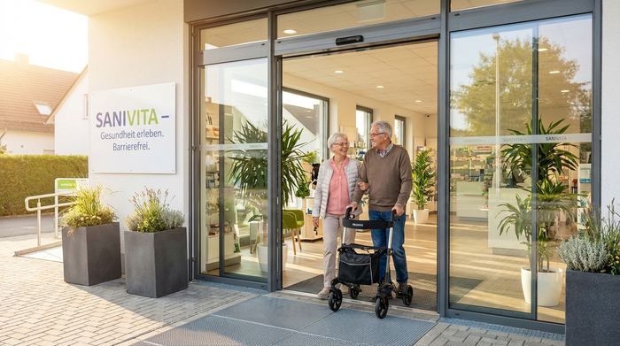 Die einladende, völlig barrierefreie Eingangstür eines modernen Sanitätshauses an einem sonnigen Vormittag. Ein älteres Ehepaar mit einem modernen Rollator betritt lächelnd und mühelos das helle Geschäft.