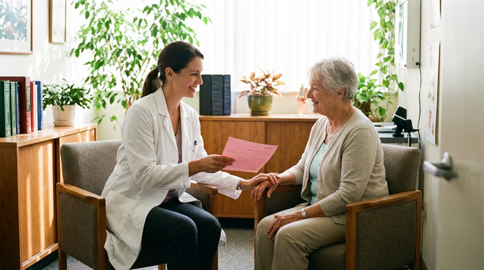 Eine fürsorgliche Ärztin im weißen Kittel bespricht sich in einer hellen Praxis mit einer älteren Patientin. Die Ärztin überreicht ein rosafarbenes Dokument. Warme Atmosphäre, professionelles medizinisches Umfeld ohne lesbaren Text.