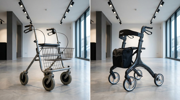 Zwei unterschiedliche Rollatoren stehen nebeneinander in einem Ausstellungsraum. Einer ist ein klassisches, robustes Standardmodell, der andere ein modernes, ultraleichtes Carbon-Modell in elegantem Design. Helle, fokussierte Beleuchtung.