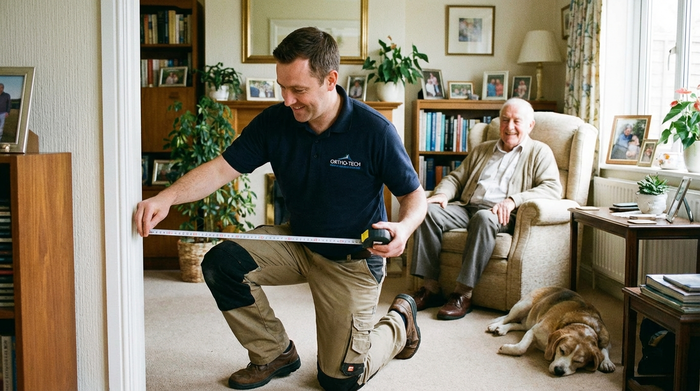 Ein Orthopädietechniker in gepflegter Arbeitskleidung misst in einem gemütlichen Wohnzimmer bei einem Senior die Breite eines Türrahmens aus. Im Hintergrund steht ein bequemer Sessel. Freundliche und professionelle Interaktion in realistischer häuslicher Umgebung.
