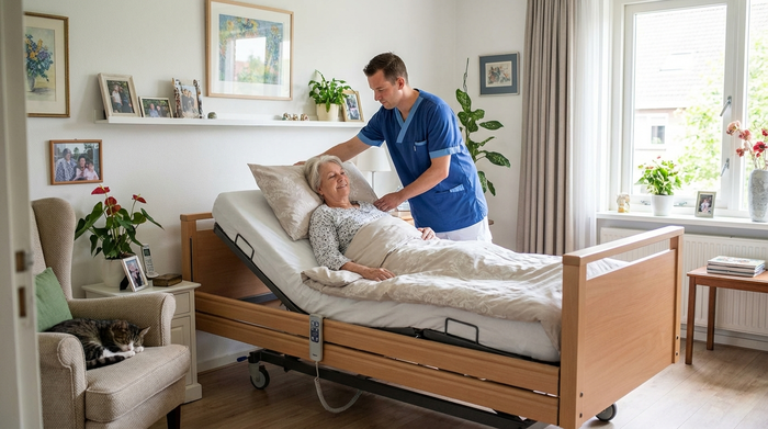 Eine entspannte ältere Dame sitzt bequem in einem modernen, elektrisch verstellbaren Pflegebett in ihrem eigenen, liebevoll eingerichteten Schlafzimmer. Ein Pfleger richtet das Kissen. Harmonische, saubere und sichere Umgebung.