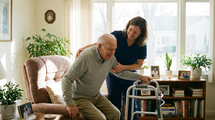 Eine freundliche Pflegekraft hilft einem älteren Herrn behutsam beim Aufstehen aus einem bequemen Sessel im Wohnzimmer. Helles Tageslicht, aufgeräumte und wohnliche Umgebung, Fokus auf Fürsorge und Unterstützung. Realistische Fotografie ohne Text.