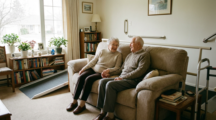Ein älteres Ehepaar sitzt entspannt auf einem Sofa im Wohnzimmer und unterhält sich lächelnd. Die Umgebung ist gemütlich und barrierefrei gestaltet. Im Hintergrund fällt durch das Fenster sanftes Nachmittagslicht. Hochwertige, realistische Aufnahme.