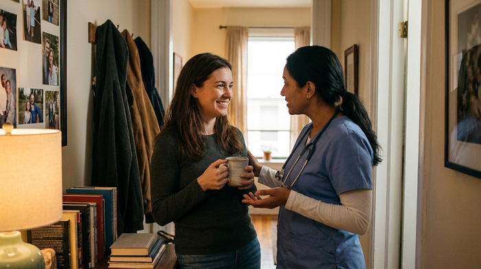Eine erwachsene Tochter und eine professionelle Pflegekraft stehen im Flur einer Wohnung und besprechen sich freundlich. Die Tochter hält eine Kaffeetasse. Kooperative und entspannte Stimmung, authentische Szene, warmes Licht.