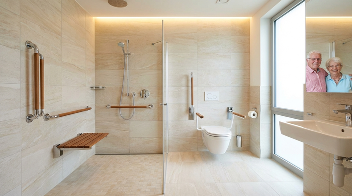 Ein modernes, barrierefreies Badezimmer mit einer ebenerdigen Dusche, einem Duschsitz und stabilen Haltegriffen an den Wänden. Hell gefliest, makellos sauber, gut beleuchtet. Eine sichere Umgebung für Senioren, realistische Architekturfotografie.