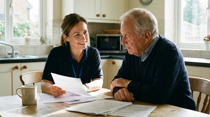 Ein freundliches Beratungsgespräch am Küchentisch. Eine Pflegeberaterin erklärt einem älteren Herrn geduldig Details, während er aufmerksam zuhört. Auf dem Tisch liegen einige Papiere ohne lesbaren Text. Vertrauensvolle Atmosphäre, helles Licht.