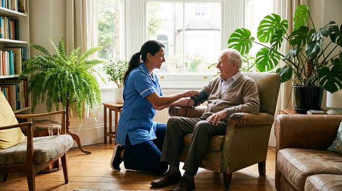 Eine fürsorgliche Pflegekraft misst den Blutdruck eines älteren Herrn, der entspannt in seinem Sessel am Fenster sitzt. Helles, freundliches Zimmer mit grünen Zimmerpflanzen im Hintergrund.