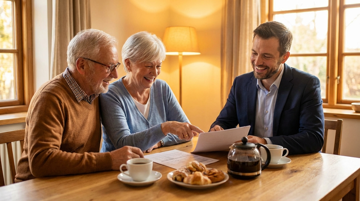 Ein älteres Ehepaar sitzt mit einer lächelnden Beraterin am Tisch und schaut sich gemeinsam entspannt Dokumente an. Kaffeetassen auf dem Tisch, warme und einladende Beleuchtung.