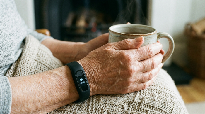Nahaufnahme eines modernen Hausnotruf-Armbands am Handgelenk einer älteren Person, die gemütlich eine Tasse Tee in den Händen hält. Fokus auf das Handgelenk und die Tasse.