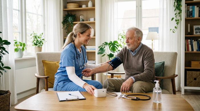 Eine professionelle Pflegekraft misst den Blutdruck eines älteren Herrn im Wohnzimmer. Medizinische Ausrüstung liegt ordentlich auf dem Tisch. Helle, saubere Umgebung, realistische Szene ohne Text.