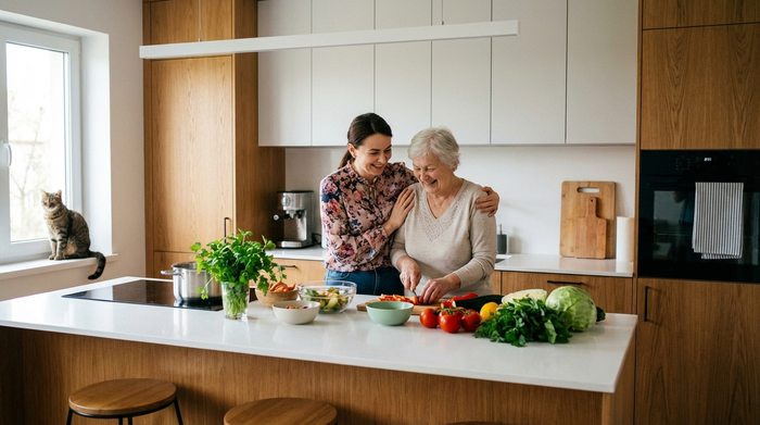 Eine osteuropäische Betreuerin und eine Seniorin kochen gemeinsam in einer modernen, aufgeräumten Küche. Sie lachen und schneiden frisches Gemüse. Warme, familiäre Stimmung, natürliches Licht.