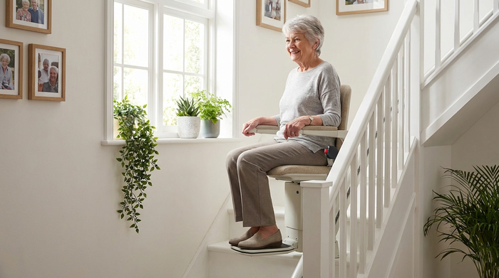 Ein moderner, unauffälliger Treppenlift in einem gepflegten Einfamilienhaus. Eine ältere Dame fährt sicher und entspannt die Treppe hinauf. Helles Treppenhaus, realistische Darstellung ohne Text.