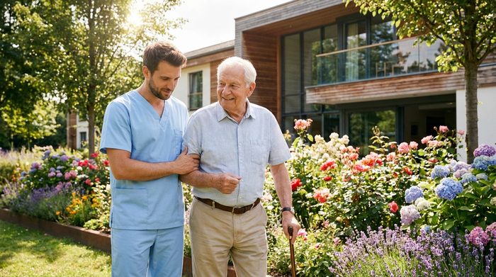 Ein einfühlsamer männlicher Pfleger in hellblauer Berufskleidung stützt behutsam den Arm eines älteren Herrn beim Spaziergang durch den sonnigen Garten einer modernen Seniorenresidenz. Im Hintergrund blühen bunte Blumen.