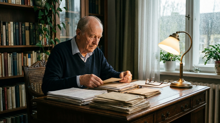Ein nachdenklicher Senior sitzt an einem aufgeräumten Schreibtisch und sortiert sorgfältig verschiedene Dokumente und Briefumschläge. Eine Lesebrille liegt griffbereit neben einer stilvollen Schreibtischlampe, die warmes Licht spendet.