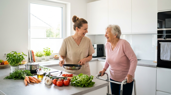 Eine engagierte osteuropäische Betreuungskraft kocht gemeinsam mit einer fröhlichen Seniorin in einer sauberen, modernen Küche. Frisches Gemüse liegt auf der Arbeitsfläche, beide lachen herzlich miteinander.
