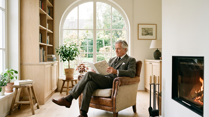 Ein eleganter älterer Herr mit grauem Haar sitzt entspannt in einem bequemen Sessel und liest ein Buch. Der Raum strahlt durch große Fenster und helle Holzmöbel eine friedliche und sichere Atmosphäre aus.