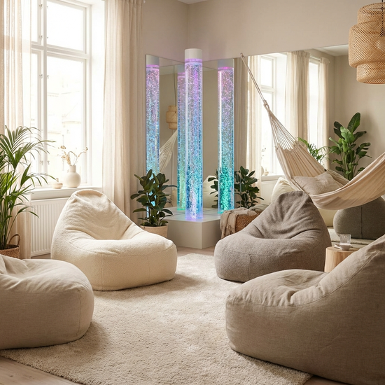 Ein heller, beruhigender Entspannungsraum mit sanften Lichteffekten, bequemen Sitzsäcken und einer sanft blubbernden Wassersäule im Hintergrund.