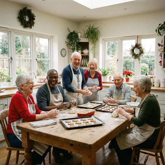 Eine Gruppe von fröhlichen Senioren sitzt an einem großen Holztisch und backt gemeinsam Plätzchen in einer hellen, sauberen Küche.