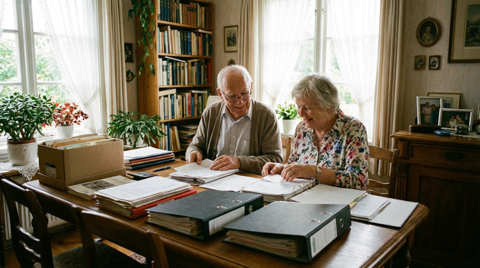 Ein älteres Ehepaar sitzt an einem Holztisch und ordnet gemeinsam wichtige Dokumente in einem gut beleuchteten Raum.