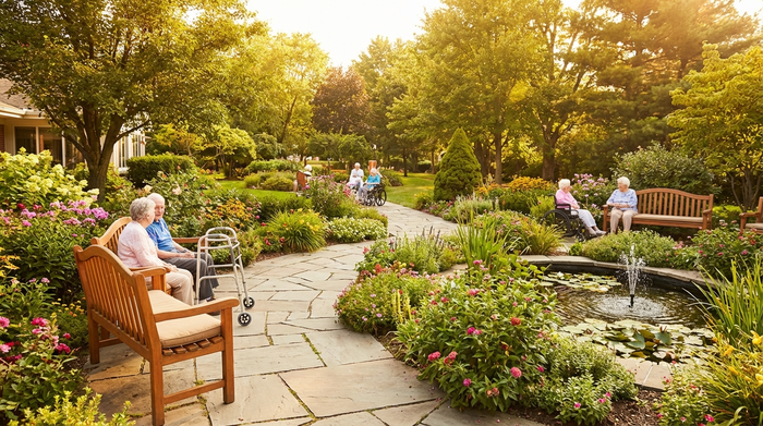 Ein gepflegter, sicherer Gartenbereich eines Pflegeheims mit flachen, barrierefreien Wegen, vielen grünen Pflanzen und gemütlichen Holzbänken im warmen Sonnenschein.