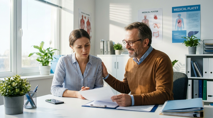 Ein freundlicher männlicher Sozialarbeiter sitzt mit einer besorgten Tochter an einem Schreibtisch im Krankenhaus und bespricht Dokumente. Helle, professionelle Umgebung, tröstende und unterstützende Geste, realistischer Fotostil.