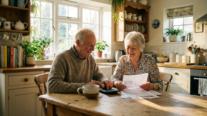 Ein älteres Ehepaar sitzt an einem gemütlichen Küchentisch und schaut entspannt auf einen Taschenrechner und Papiere. Eine Tasse Kaffee steht auf dem Holztisch. Aufgeräumte Küche, sonniges und warmes Licht durch das Fenster.