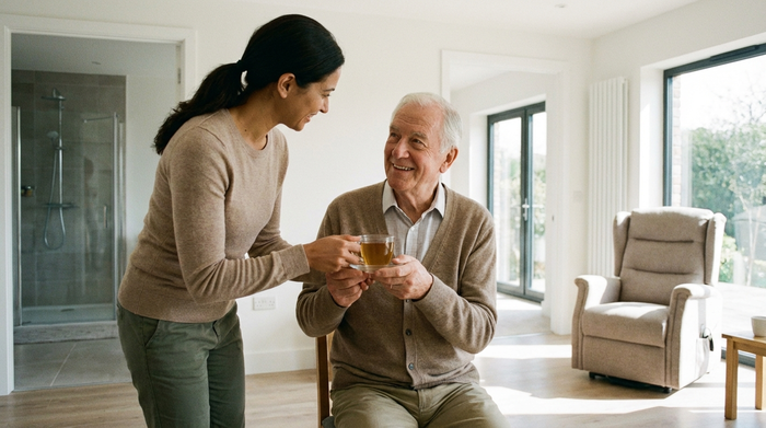 Eine liebevolle Betreuungskraft reicht einem glücklich lächelnden Senior eine Tasse Tee im eigenen Zuhause. Im Hintergrund sieht man ein modernes, gut beleuchtetes und barrierefreies Wohnzimmer. Entspannte, vertrauensvolle Atmosphäre.